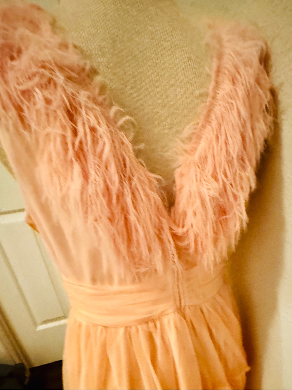 Feminine Pale Pink V-Neck Feather Trim Maxi Dress